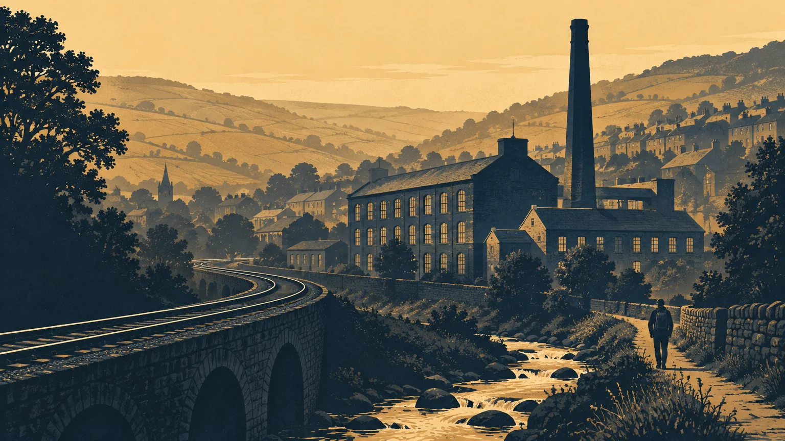 Duotone golden and dark-blue illustration of a stone mill with a tall chimney beside a curving railway viaduct and stream, set among hillside houses and fields; a lone walker follows the waterway.