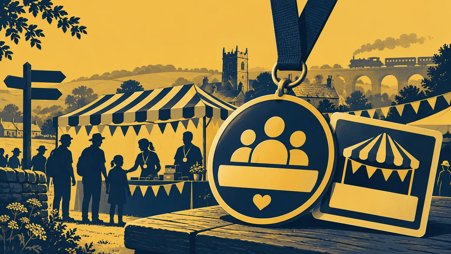 Duotone gold and dark-blue illustration of a village gala with a striped stall, silhouetted visitors and volunteers, bunting, a church and railway viaduct in the background, and oversized badge and stall-sign designs in the foreground.