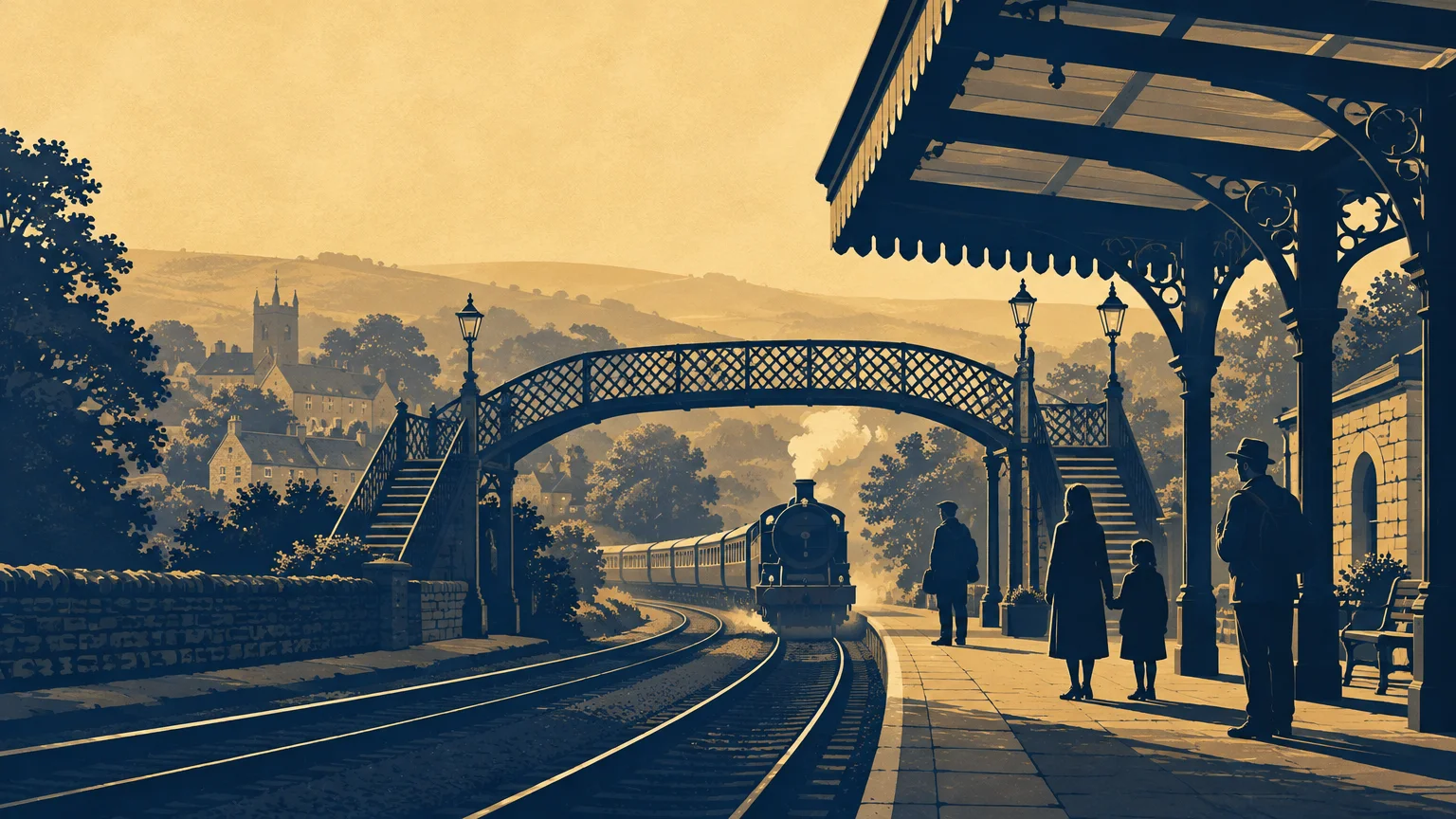 Duotone navy and golden illustration of a Victorian railway station, with a steam train approaching beneath an ornate footbridge as silhouetted passengers wait on the platform; a village and rolling hills recede in the background.