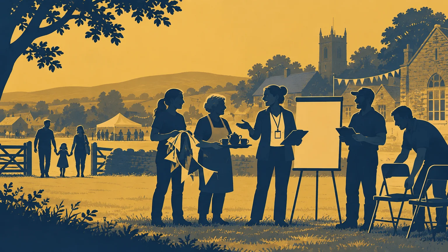 Duotone navy and golden-yellow editorial illustration of volunteers preparing for a village event, with people holding bunting, serving refreshments, checking a clipboard and arranging chairs beside a blank presentation board; a church, stone buildings, tents and rolling countryside appear behind them.