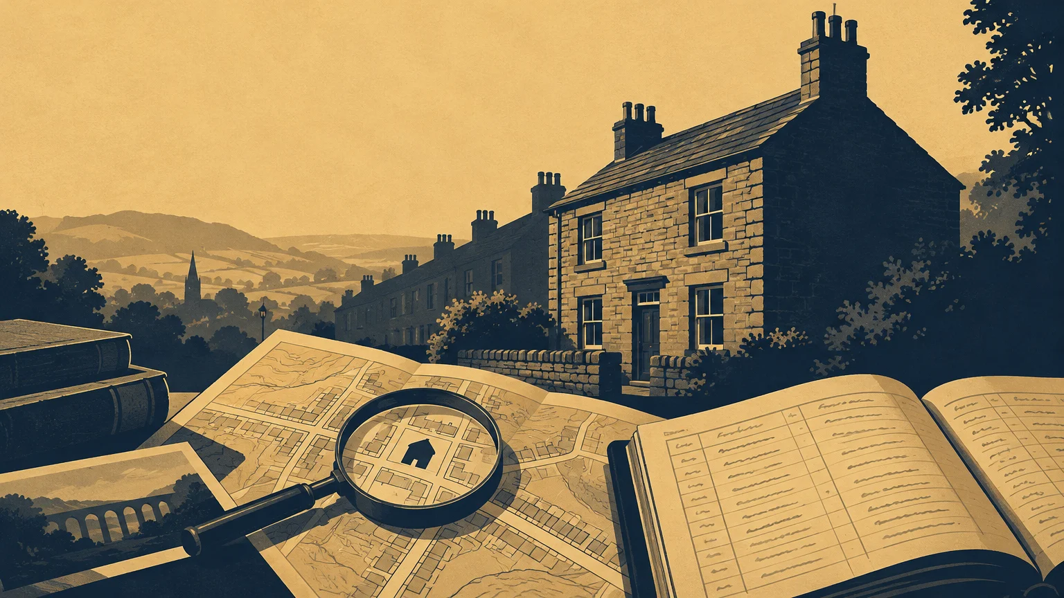 Duotone editorial illustration of stone terraced houses above an open historic map, magnifying glass, books and a handwritten ledger, with rolling countryside behind.