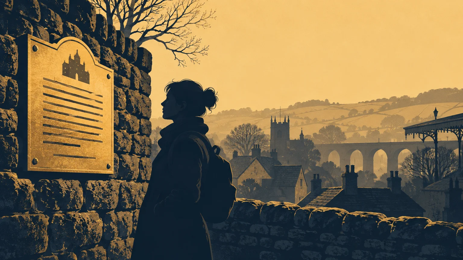 Duotone editorial illustration of a silhouetted visitor reading a historic-site plaque on a stone wall, overlooking a village with a church and arched viaduct at sunset.