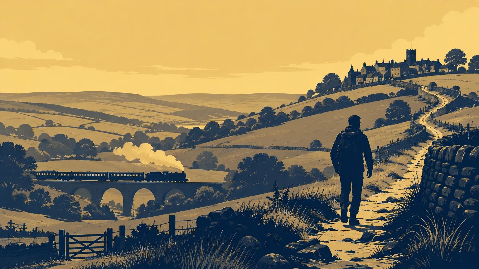 Duotone editorial illustration of a lone backpacked walker on a steep stone-walled path climbing toward a hilltop village, with a steam train crossing a stone viaduct through rolling countryside below.