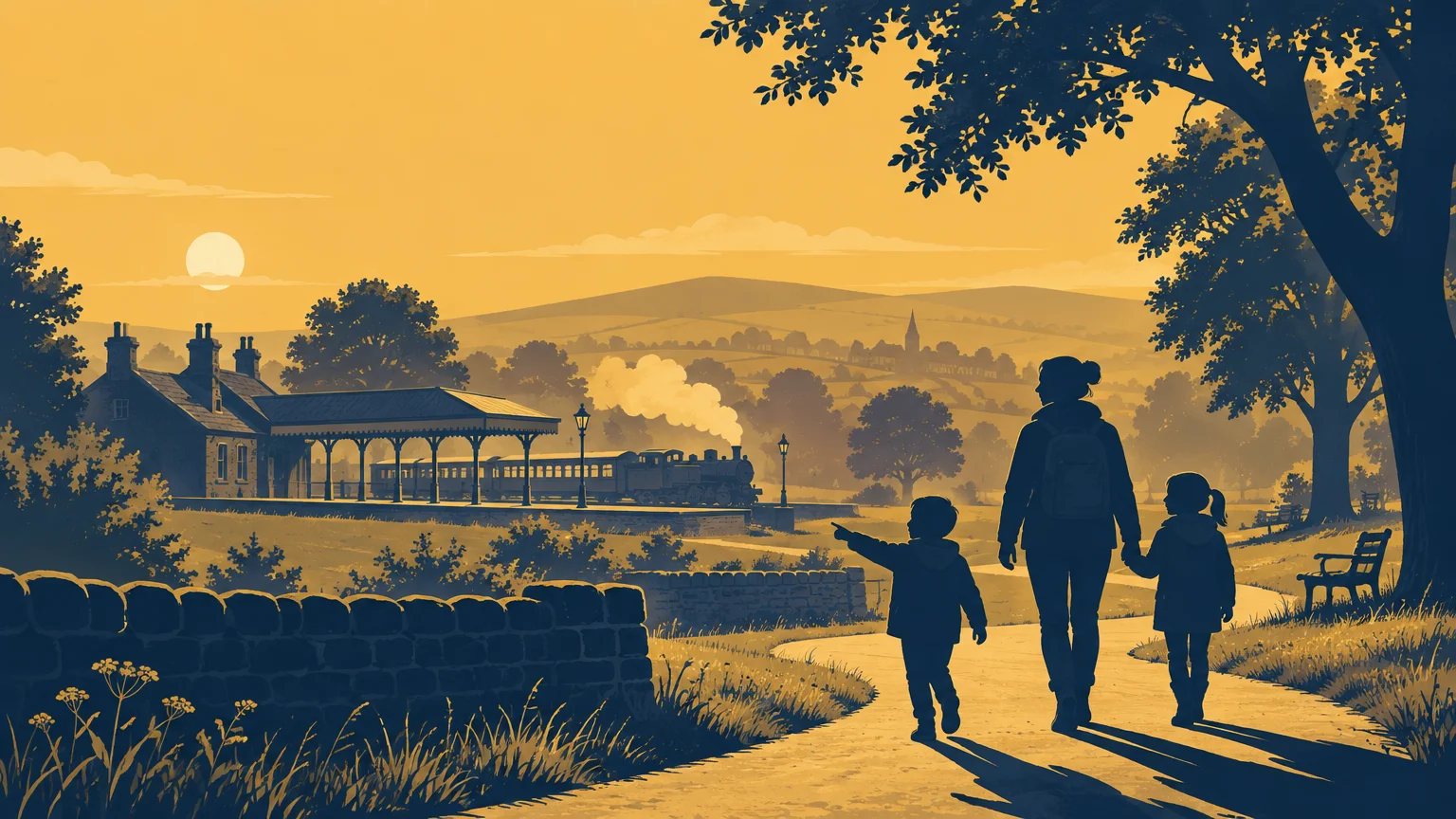 Duotone gold and navy illustration of an adult walking with two children along a sunlit park path beside a large tree, with a small railway station, steam train, village, and rolling hills in the background.