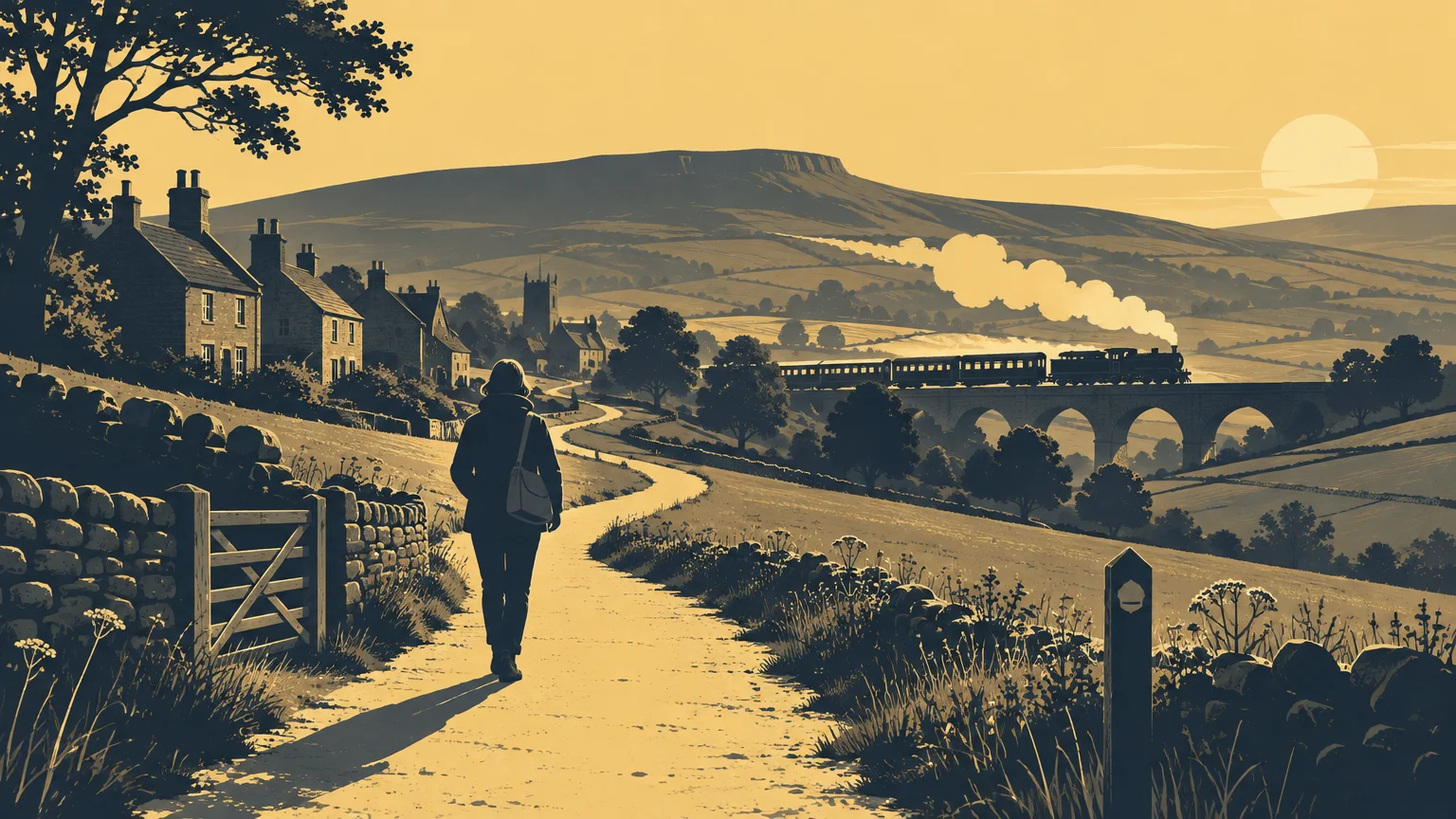 Duotone illustration of a lone walker on a winding rural footpath beside stone walls and a gate, with village houses, a church, rolling hills, and a steam train crossing a stone viaduct at sunset.